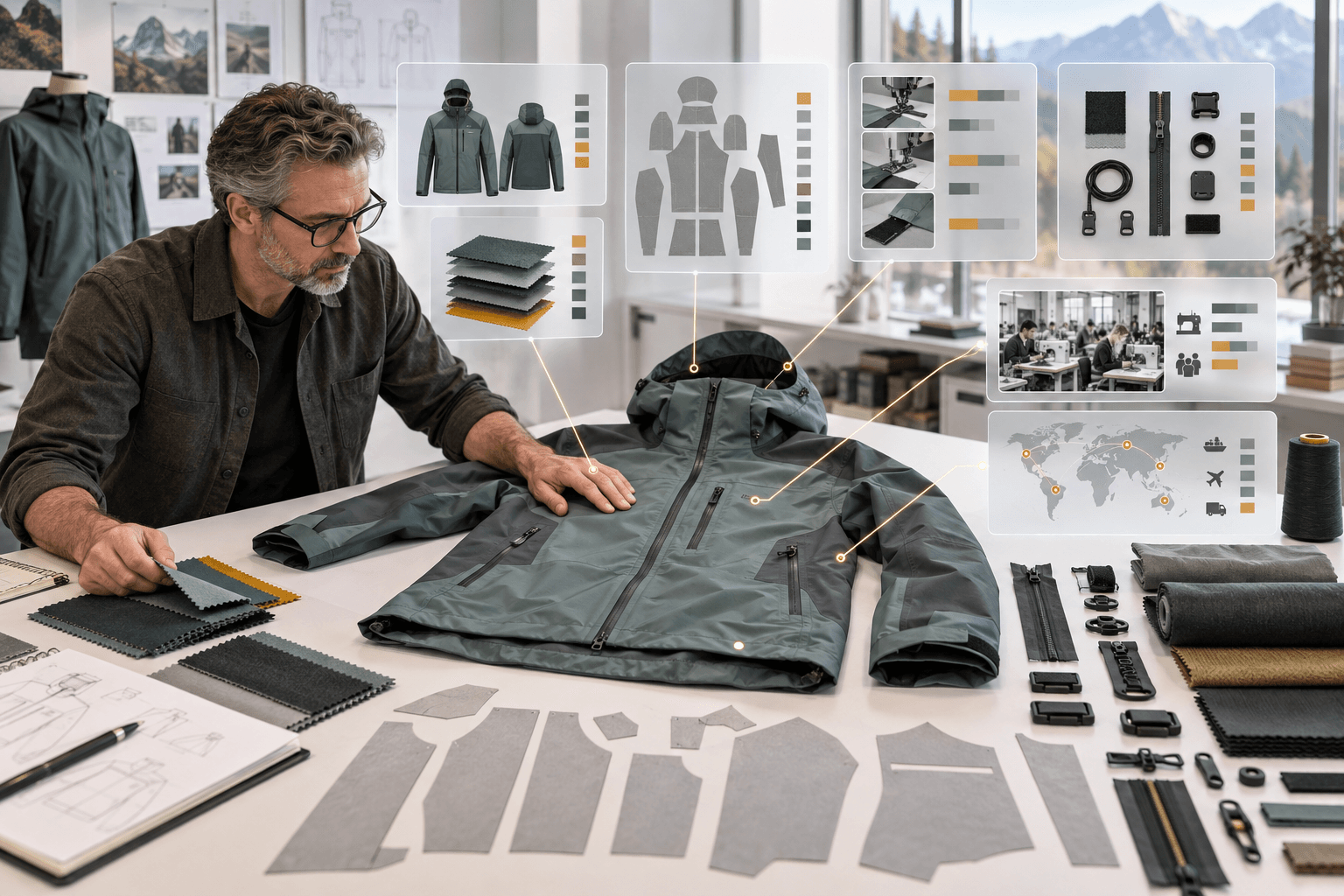 Costing specialist reviewing a jacket alongside material, construction, factory and logistics cost breakdowns