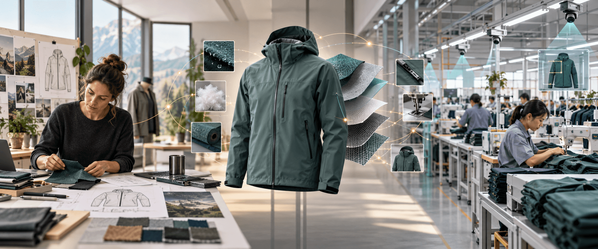 A product developer, a jacket concept, material options and a connected factory floor shown as one continuous sourcing workflow